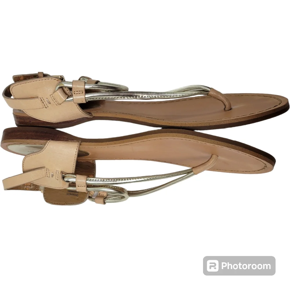 Coach Beige and Metallic Gold Leather T-Strap Sandals - Picture 7 of 16